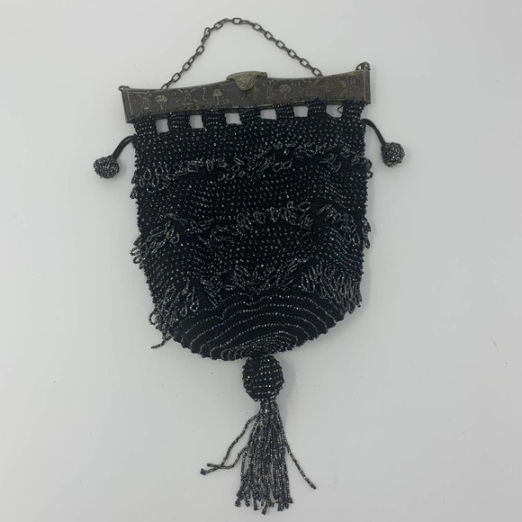 Antique Early 1920's Beaded Flapper Handbag Black Glass Beads With Tassels - Picture 1 of 12